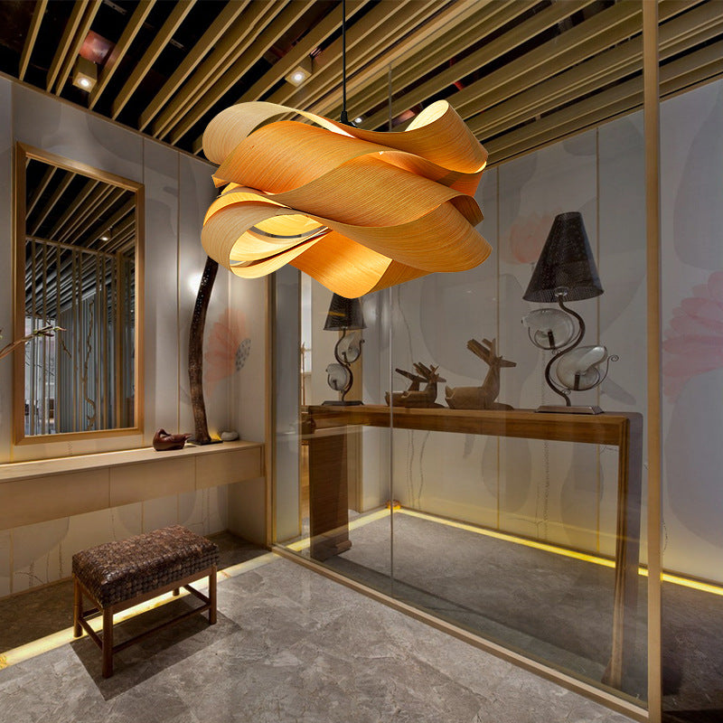 Canopy Wood Veneer Chandelier | New Chinese Modern LED Pendant