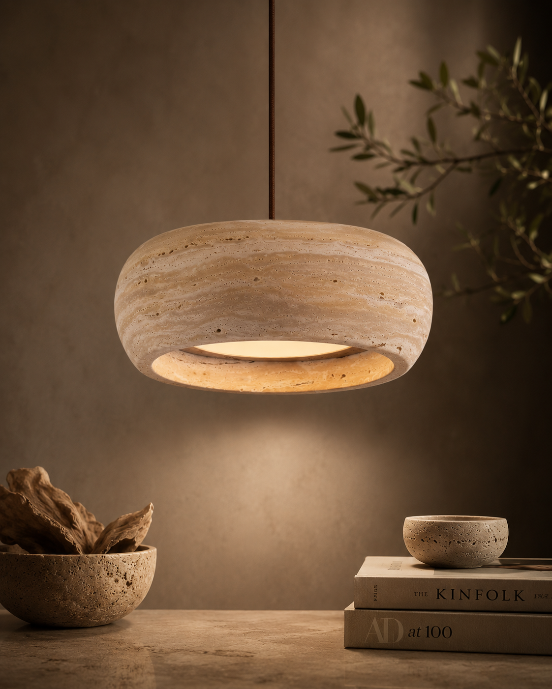 Stone Travertine Pendant Light | Natural Yellow LED Hanging Lamp