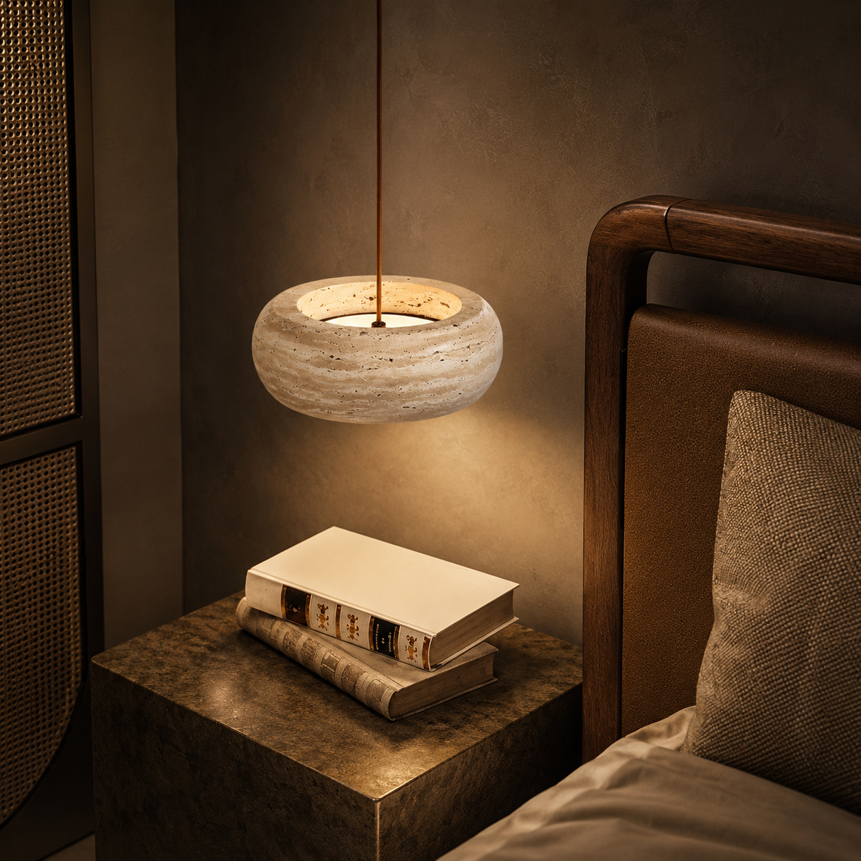 Stone Travertine Pendant Light | Natural Yellow LED Hanging Lamp