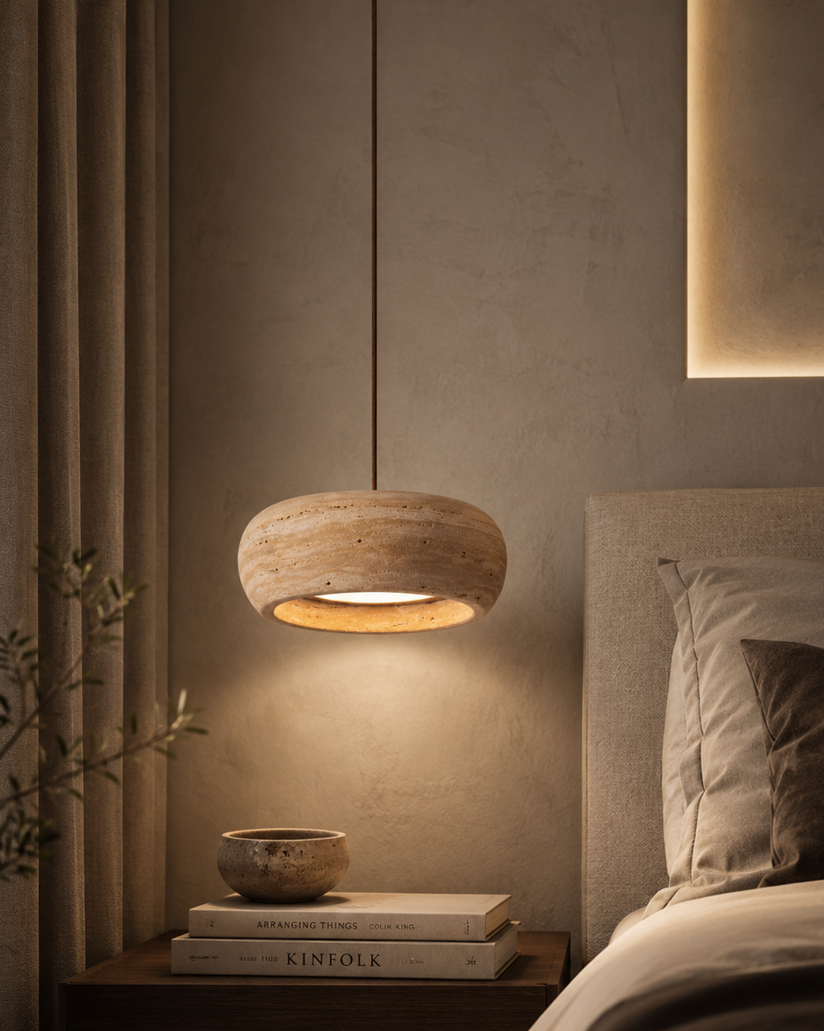 Stone Travertine Pendant Light | Natural Yellow LED Hanging Lamp