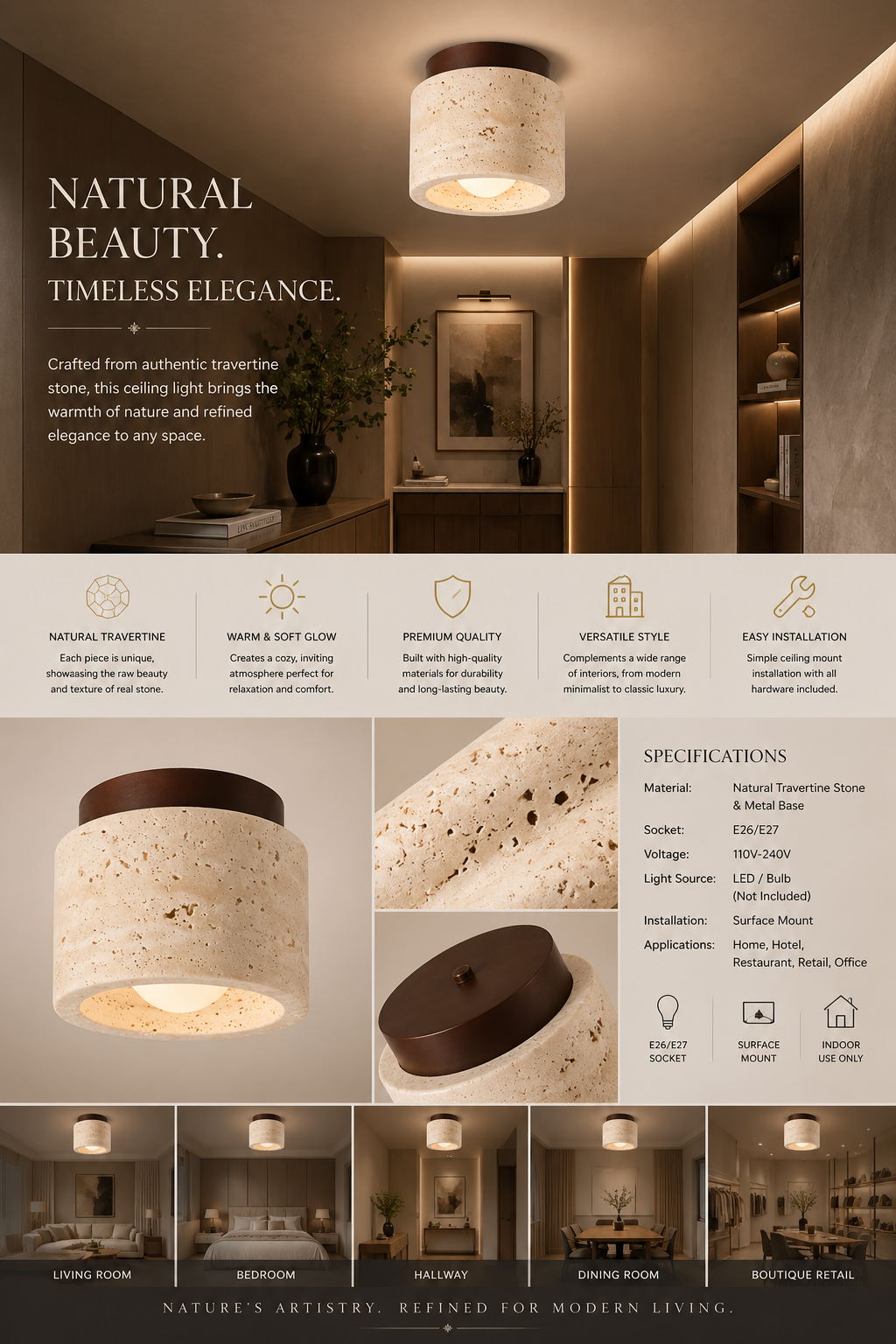 Solis Travertine Ceiling Light | Wabi-Sabi Stone Fixture