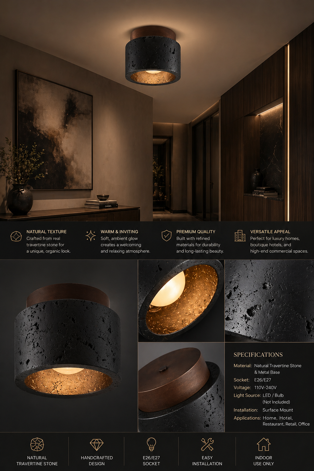 Solis Travertine Ceiling Light | Wabi-Sabi Stone Fixture